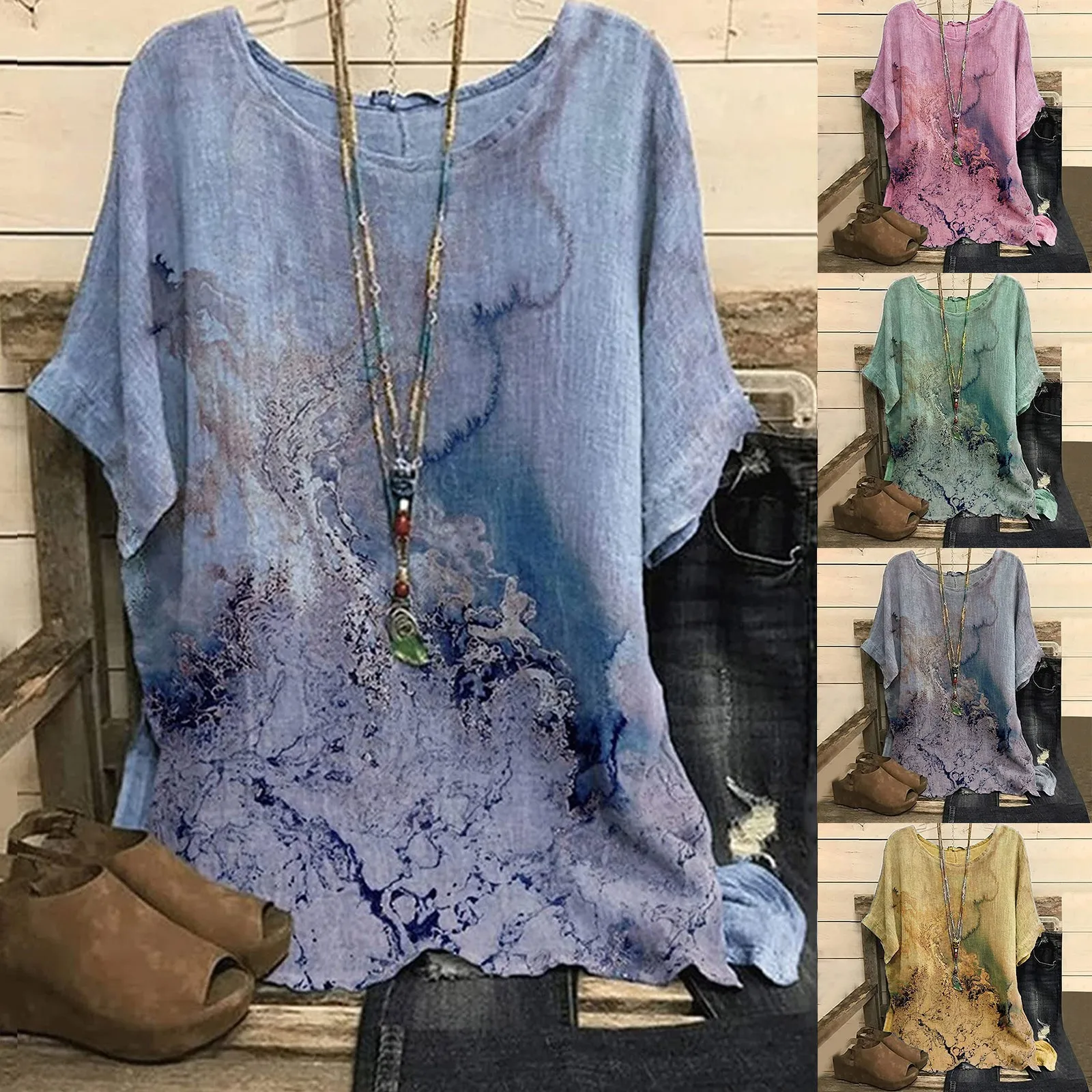 Blusa holgada con estampado Floral para mujer, camisa de manga corta con cuello redondo, Túnica informal, Verano