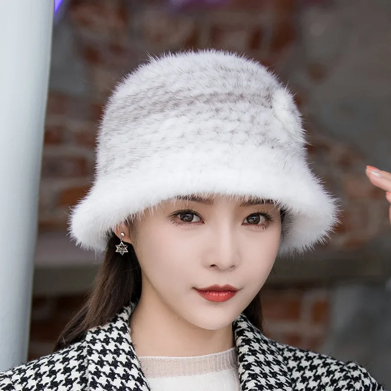 Woman Hat Winter Solid Mink Caps With Flower Natural Mink Fur Hats New Russian Girl Soft Knitting Real Fur Bucket Hats 2024 Warm