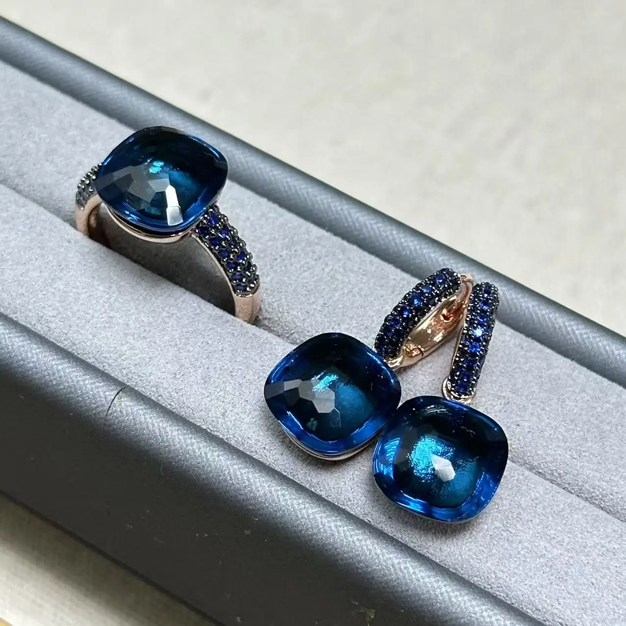 

12.6mm Flat Ring and Earrings Set with Blue Topaz Zircon with Blackgun Plated Candy Color Crystal Fashion Jewelry Gift