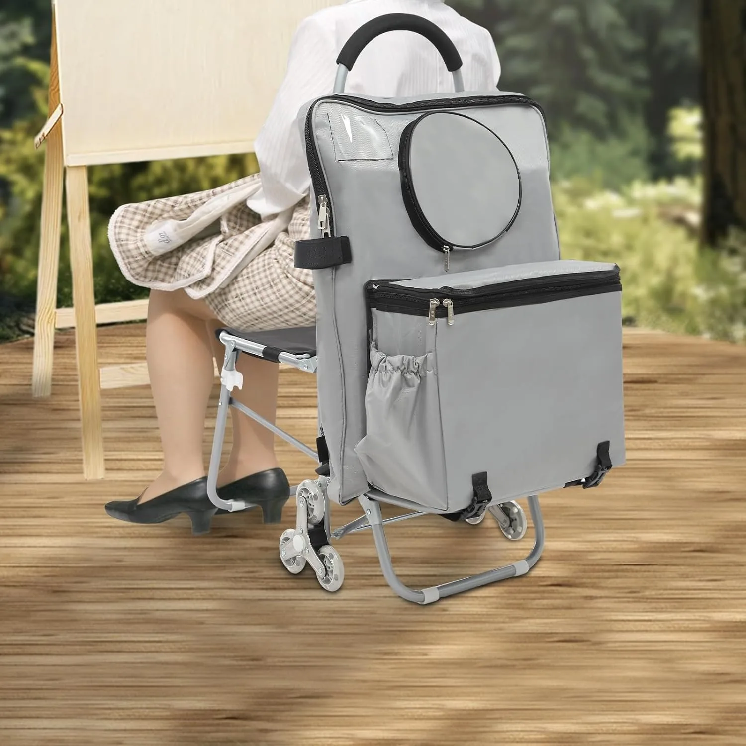 

17in W Portable Rolling Art Cart with Storage Bag, Folding Wheeled Portable Rolling Chair, Outdoor Art Student Sketching Easel Trolley Cart for Grocery Shopping, Mall Shopping, Leisure Travel, Silver