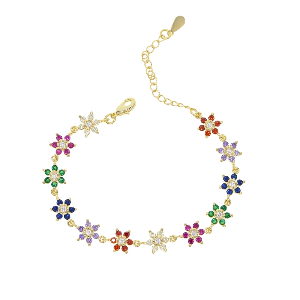 Gold silver Color Red Green Blue CZ Paved Flower Charm Bracelets Bangle Link Rainbow Zircon Stone Fashion Tennis Chain Jewelry