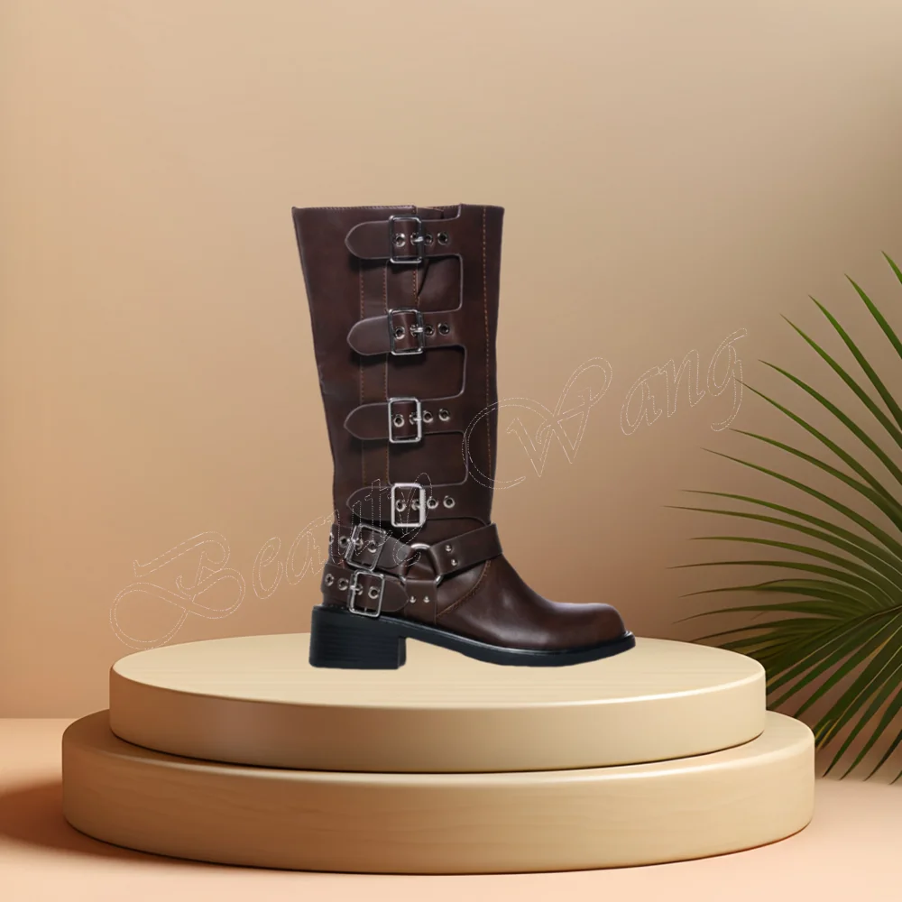 Weiße Seitens chnalle Dekor Stiefel Cowboy-Stil quadratische Schuhe mit hohen Absätzen für Frauen runde Zehen High Heels neue Zapatos Para Mujere