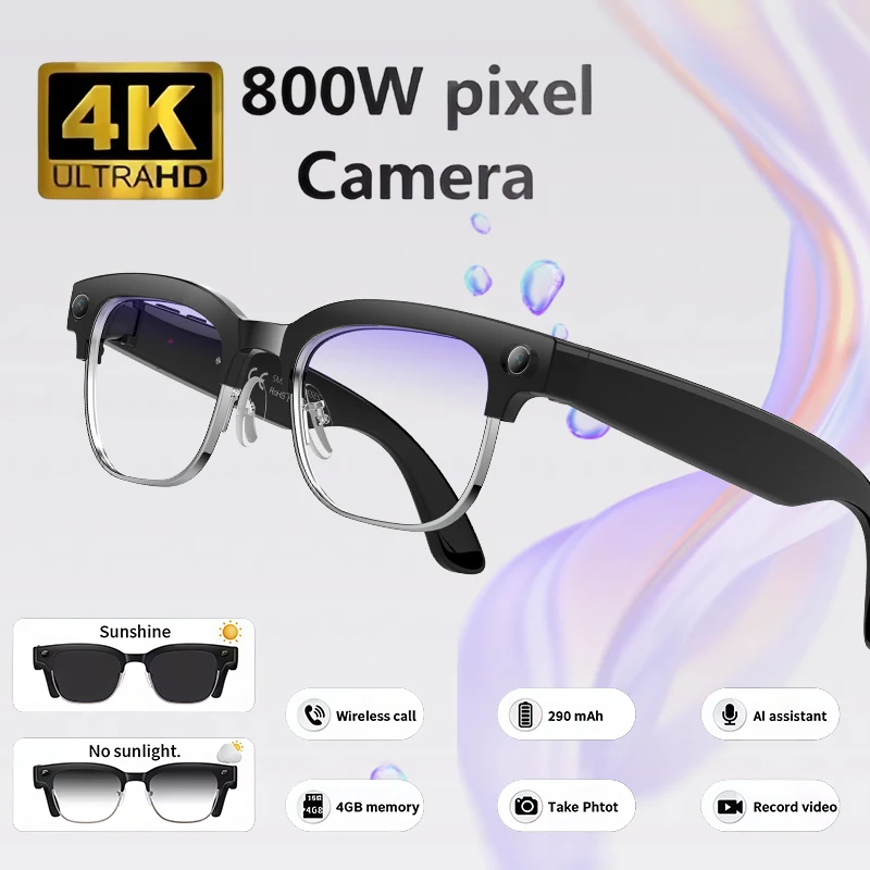

2026 Hot 4K HD Color Changing AI Smart Glasses 800W Pixel Camera Bluetooth Call Voice Assistant Control Smart Sports Glasses