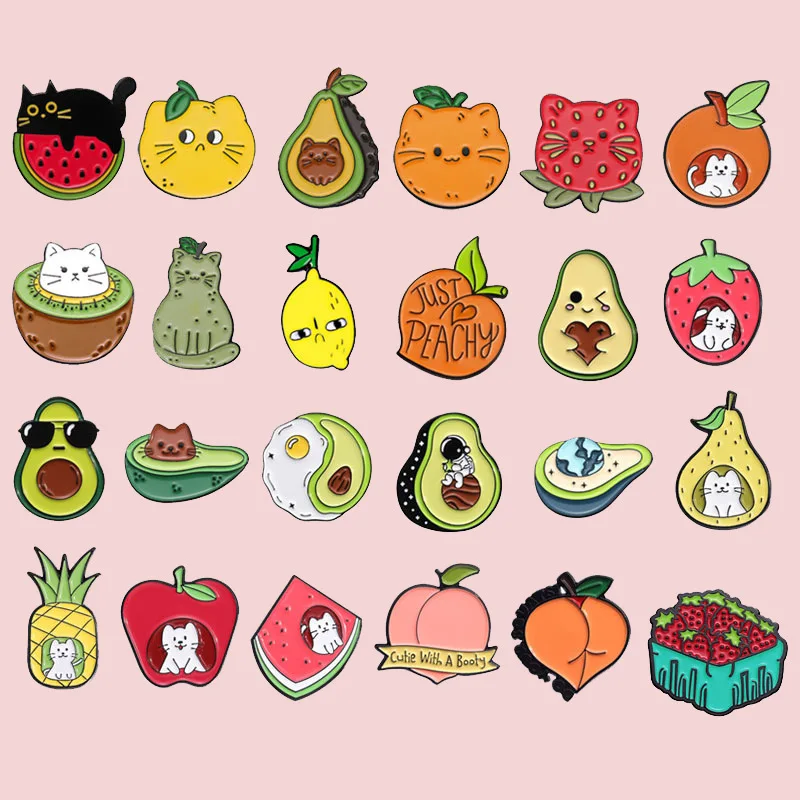 Creative Cartoon Fruit Shaped Brooch for Clothes Cute Cat Strawberry Avocado Peach Badge Set Women's Brooches Pins for Backpacks