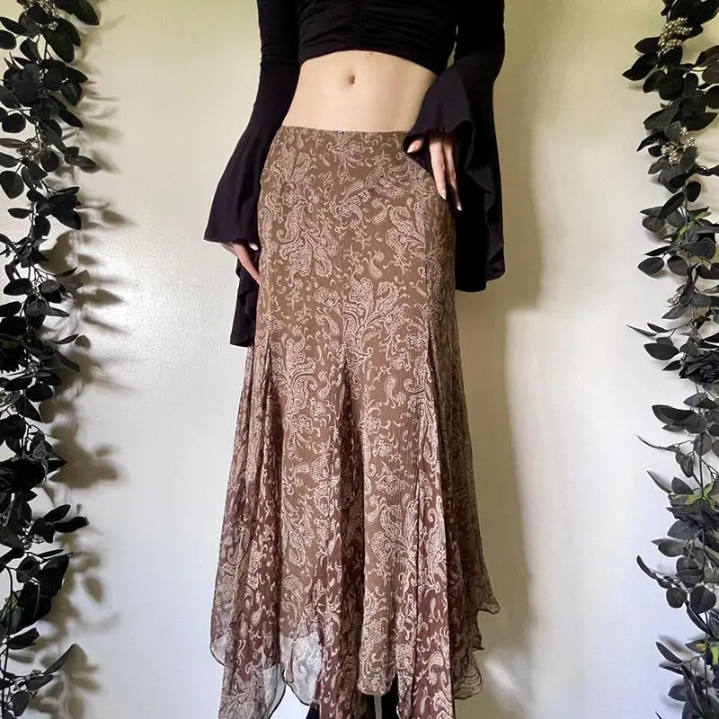 Y2K กระโปรงพิมพ์ลายย้อนยุคผู้หญิงสไตล์อเมริกันกระโปรงยาวตาข่ายบางเฉียบ, กระโปรงแม็กซี่กระโปรงยาวเอวต่ำไม่สมมาตร