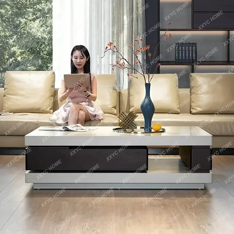 XXMinimalist Light Luxury Villa Coffee Table Smoked Wood Color Baking Paint Rotating Storage Modern Simplicity