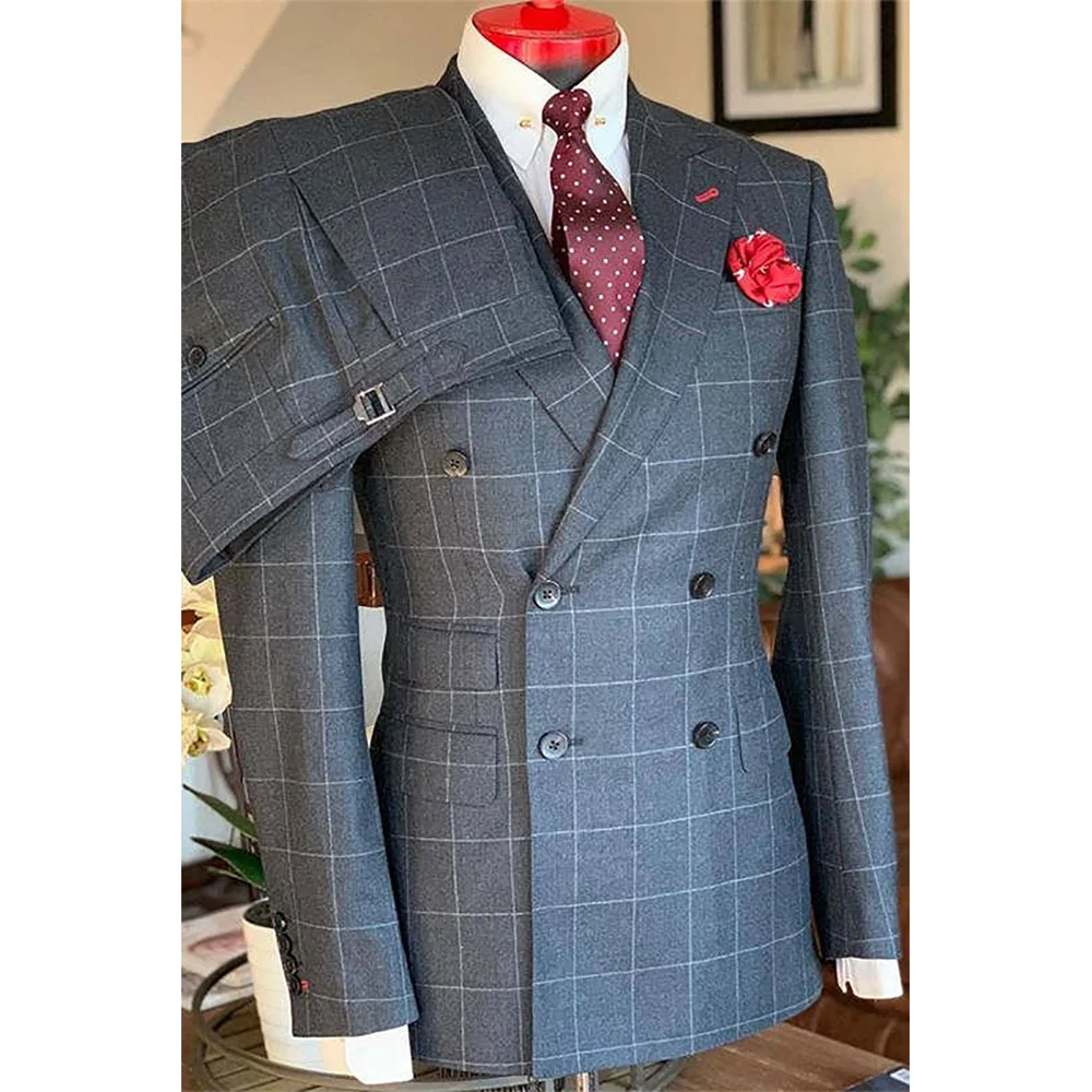 

Высококачественный клетчатый костюм для мужчин с остроконечными лацканами, индивидуальный наряд из двух предметов, тонкий двубортный деловой повседневный мужской пиджак, комплект