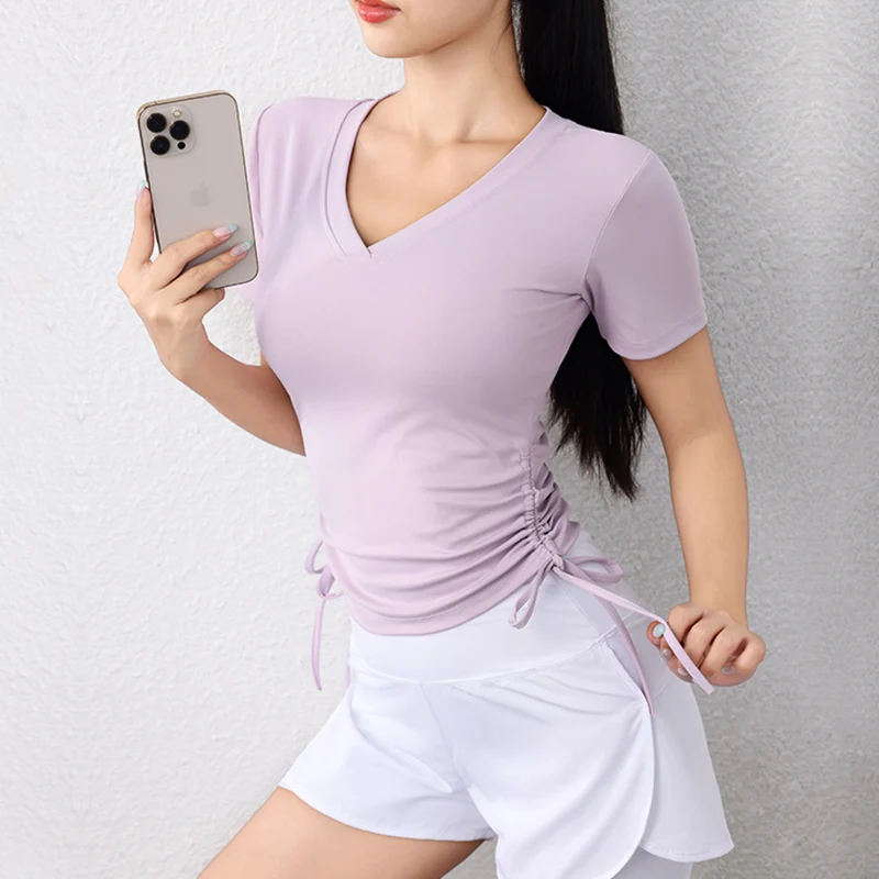 2024 Frauen Langarm Gym Shirts leichte Seitens chnur Yoga Tops plus Größe schnell trocknen V-Ausschnitt T-Shirts Workout Sport bekleidung