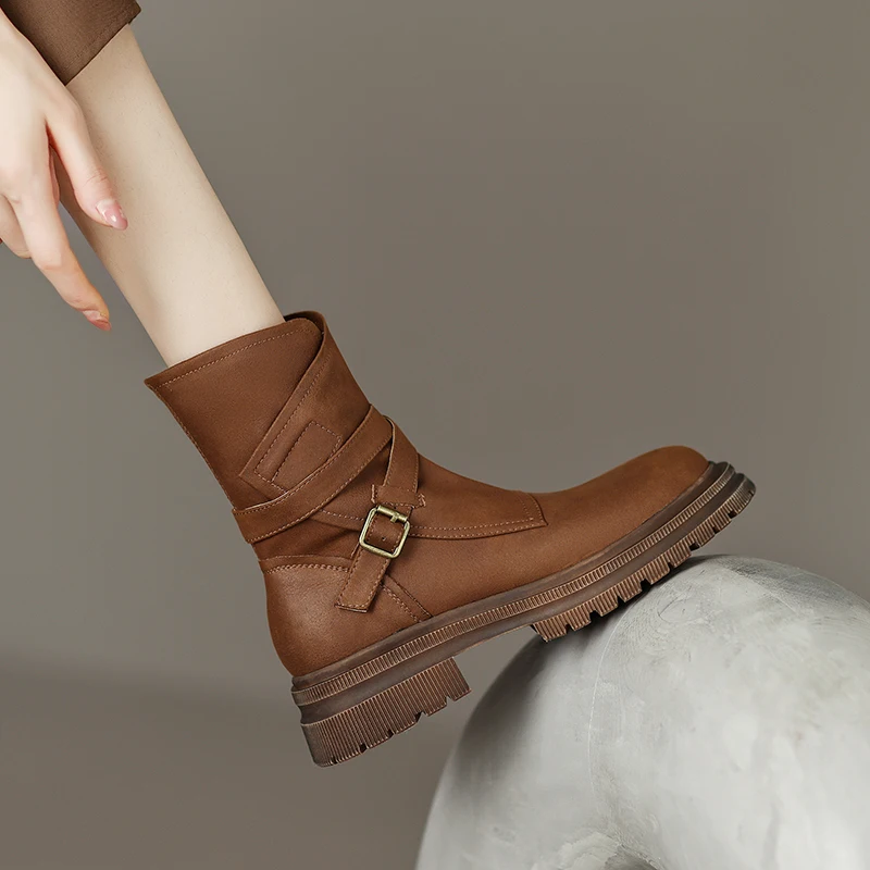 2024 Autumn/Winter Women Boots Platform Retro Mid-calf Boots Women Shoes Short Boots Motorcycle Boots Genuine Leather Boots