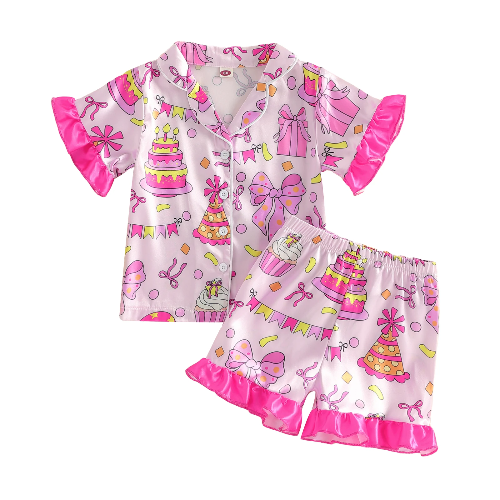 

Kids Girls Birthday Pajamas Set Cake Bow Print Short Sleeve Turn-down Collar Tops with Elastic Waist Shorts Sleepwear