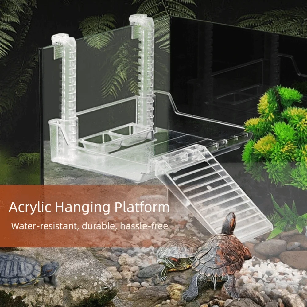 Transparent Reptile Basking Platform Climbing Ladder Hanging Floating Island with Feeding Bowl Detachable Turtle Resting Terrace