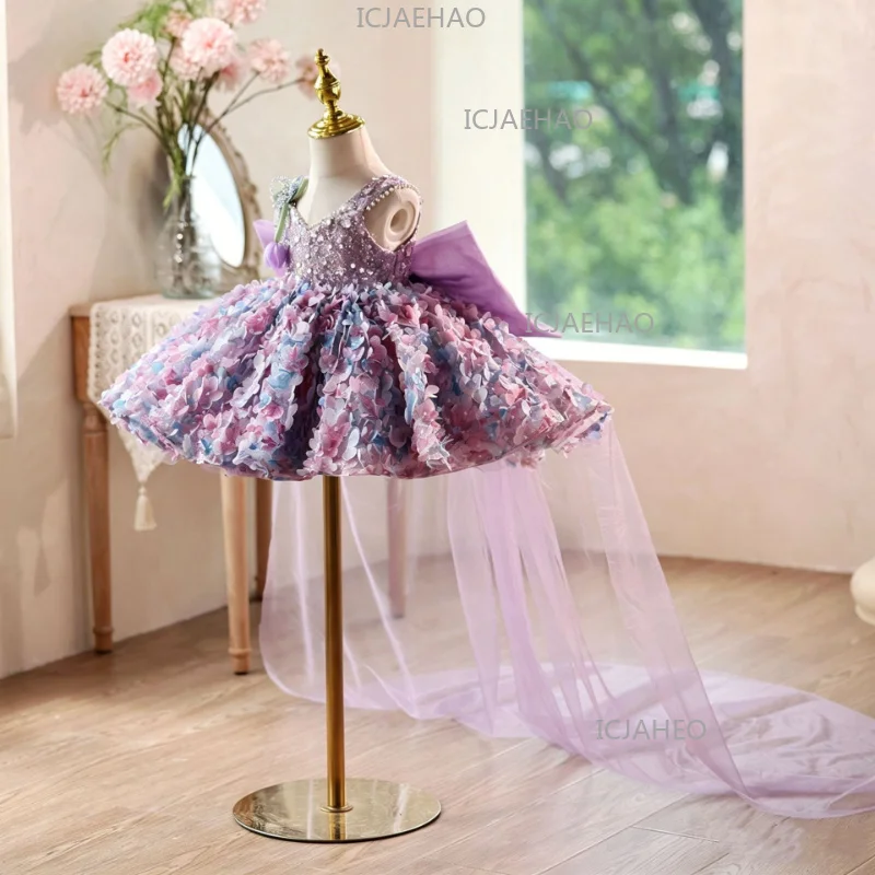 2026 Children Girls Birthday V Neck Purple Floral Gown Piano Performance Runway Kids Host Princess Dress Pageant Elegant Costume