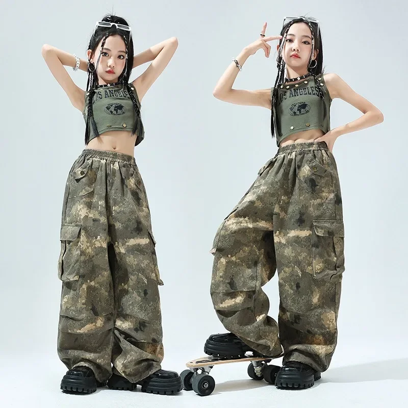 Children's Jazz Dance Clothing Girls Trendy Cool Sleeveless Exercise Clothes Summer Umbilical Camouflage Kpop Dance Suit