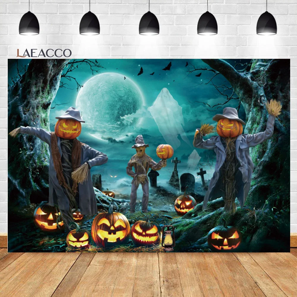 Laeacco Halloween Theme Graveyard Backdrop Creepy Moon Night Scary Pumpkin Scarecrow Adult Kids Portrait Photography Background