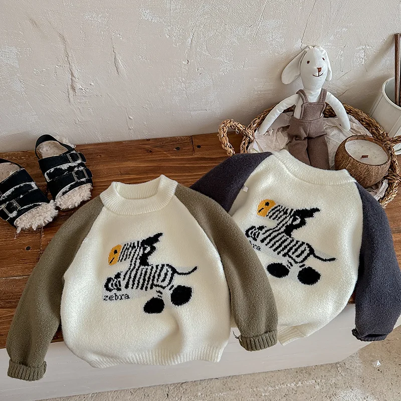Contrasting Color Round Collar Baby Boy Sweaters for Kids Boys Cartoon Zebra Pattern Student Knitting Patchwork Pullover IY12112