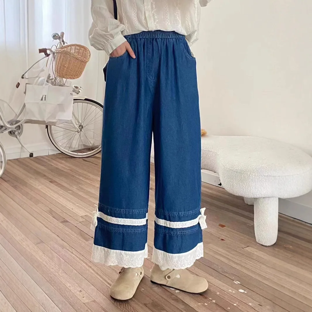 

Japanese Sweet Mori Girl Lace Embroidery Patchwork Denim Wide Leg Pants Women Summer Elastic Waist Casual Loose Straight Pants
