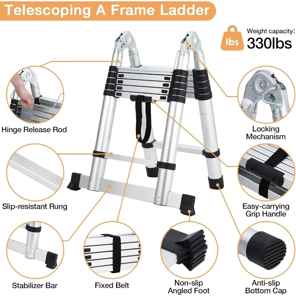 12.5 FT Telescopic Ladder, Aluminium Silver A Frame Telescoping Ladder, Portable Extension Ladder with Non-Slip Feet