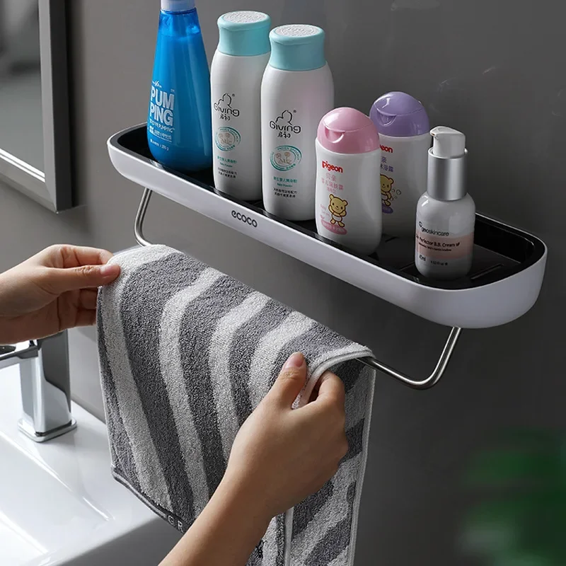 ECOCO Bathroom Storage Rack Shower Shelf Punch Drill Free Adhesive Cosmetic Organizer On Wall Towel Hanger Kitchen Organizer