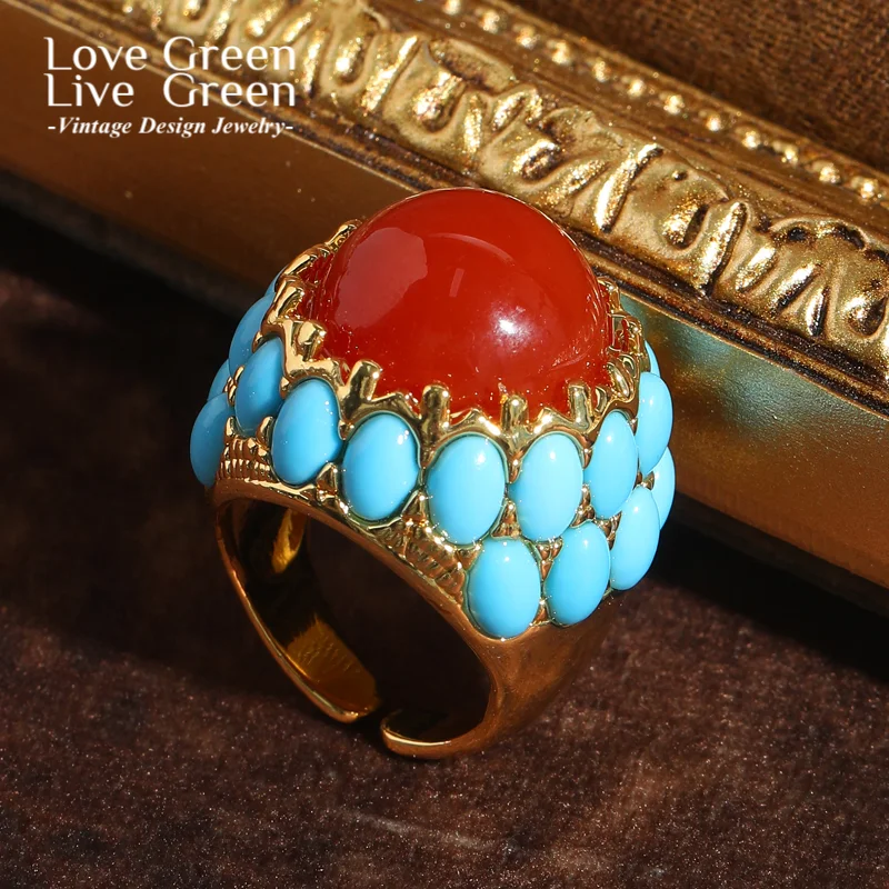 

Vintage Red Rings Blue Stone Elegant Womens Antique Gold Color Party Luxury Jewelry Quality Designer Gifts Thanksgiving 2025 New
