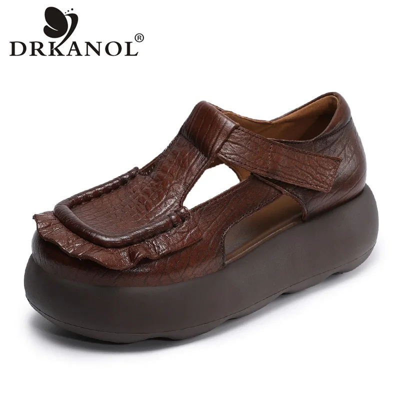 

Женские сандалии на танкетке DRKANOL, летние туфли на массивной платформе 2026 года, в ретро-стиле, из натуральной коровьей кожи, с застежкой на липучке, римские сандалии
