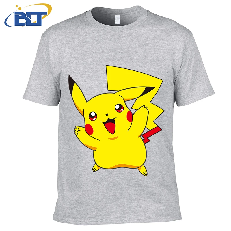 Pikachu Print Men's T-Shirt Casual Top Grey Cotton Short Sleeve