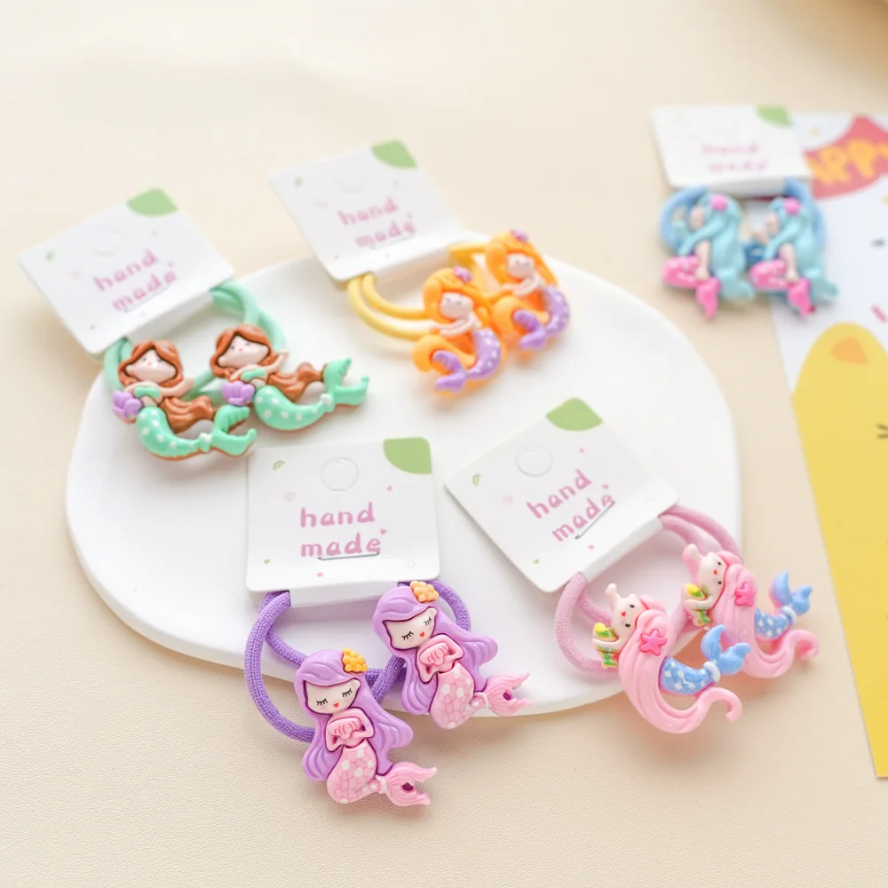 2PCS New Cartoon Mermaid Resin Lovely Girls Kids Elastic Hair Bands Princess Hair Accessories Children Hair Ties Baby Headwear