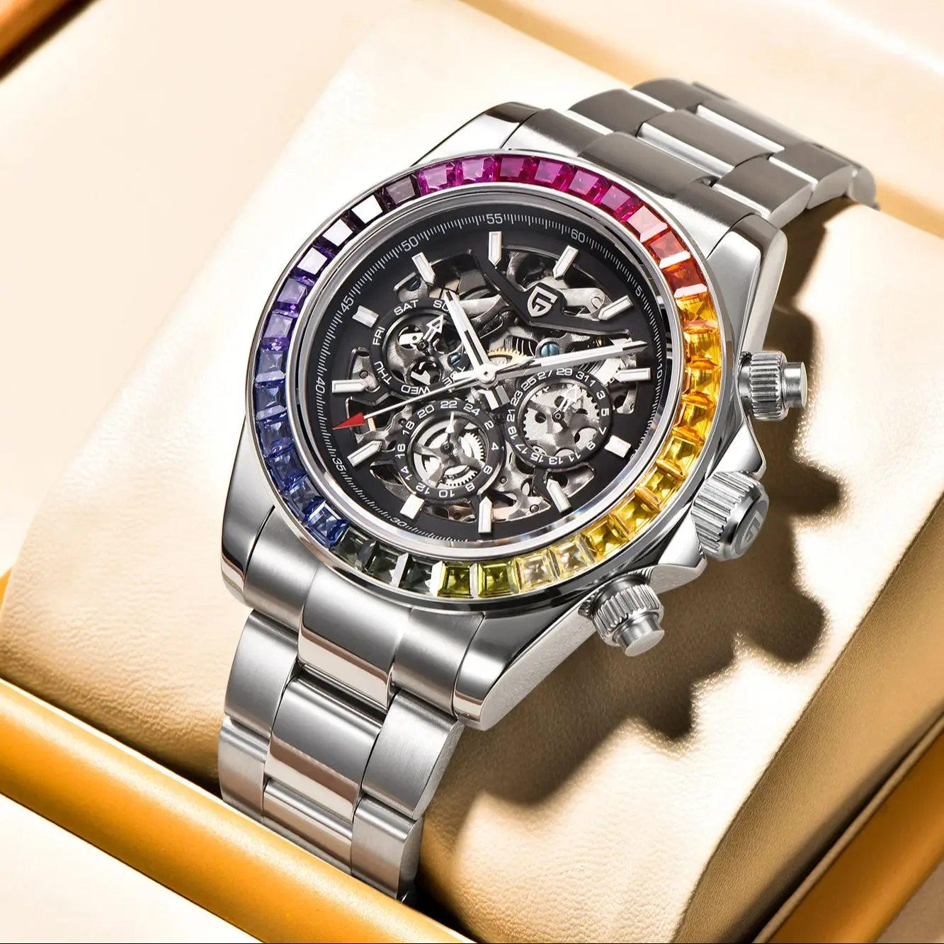 PAGANI DESIGN New Rainbow circle Men's Mechancial Watches Luxury Automatic Watch For Men Skeleton Dial Multifunction chronograph