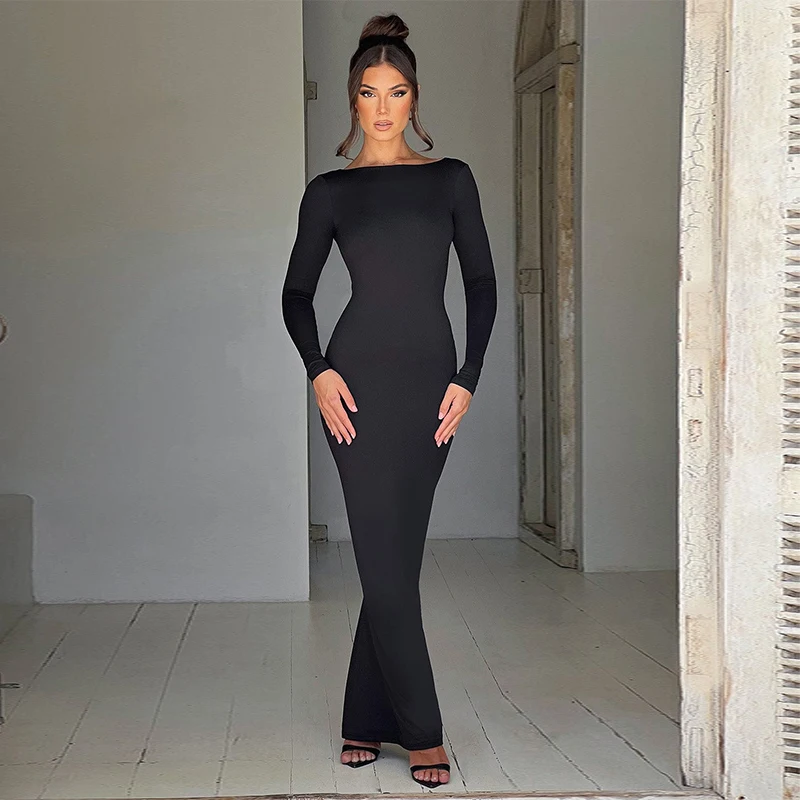 Sexy European And American Girl Pure Color Slim Fit Long Sleeve Backless Dress Spring 2025 New Arrival Elegant Evening Gown