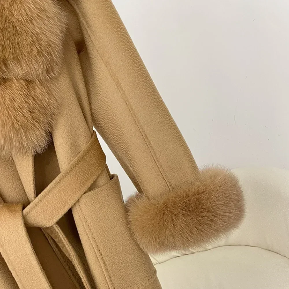 Wool Women Natural Fox Fur Collar Real Fur Coat Winter Jacket Women Belt Warm Coat Street Wear  Winter Coat Women  Fox Fur Coat