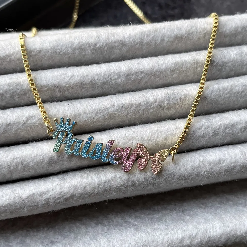 DUOYING Bling Custom Name Necklace Colorful Butterfly Earring Studs Stainless Steel Nameplate Chain Bracelet For Kids Jewelry