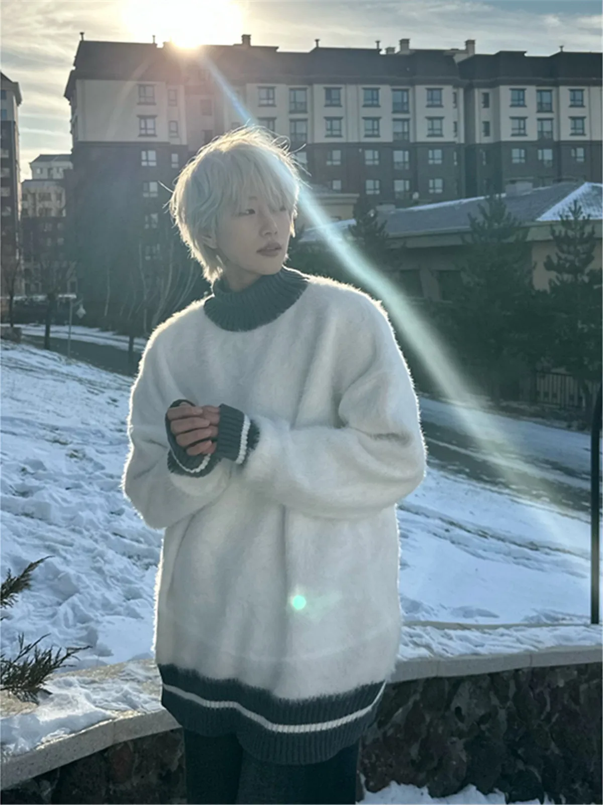 

Мужской вязаный свитер с высоким воротником, свободный, утепленный, осенне-зимний, повседневный, парный, из мягкого хлопка, с длинными рукавами