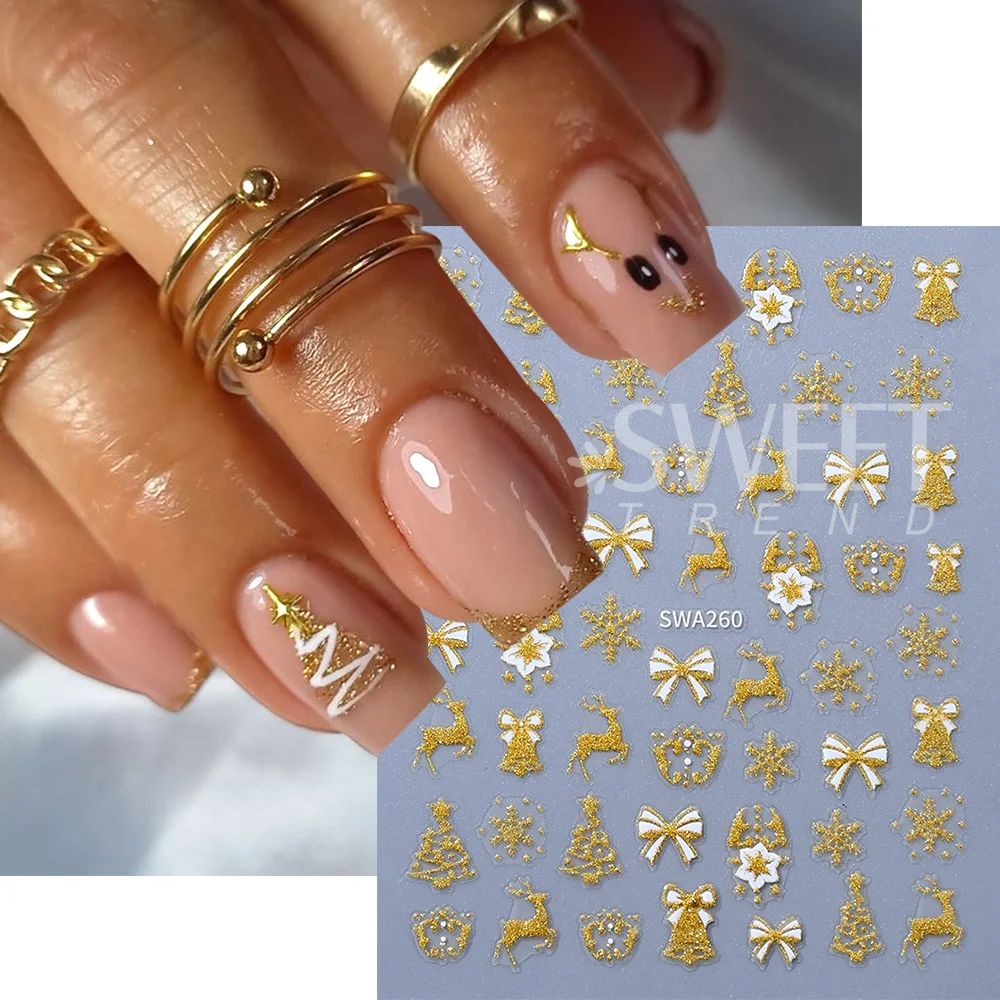 SWEET TREND-2/3pcs Gold Red Christmas 3D Nail Stickers Reflective Glitter Xmas Tree Snowflakes Bow Ball Design Decals Manicure