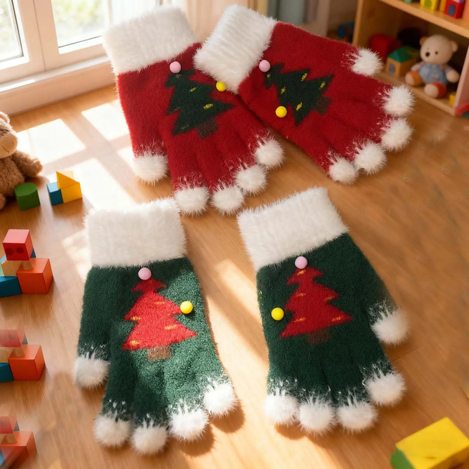 

Женские рождественские перчатки с узором рождественской елки, пушистые мягкие зимние теплые перчатки с сенсорным экраном для холодной погоды