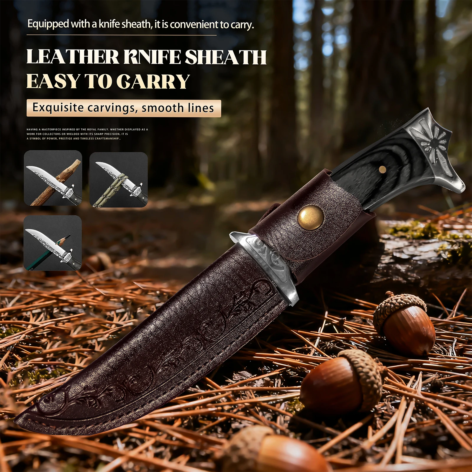 Fixed Blade Hunting Knife with Leather Sheath Wood Handle Outdoor Camping Utility Knife Bowie Style Gift for Men