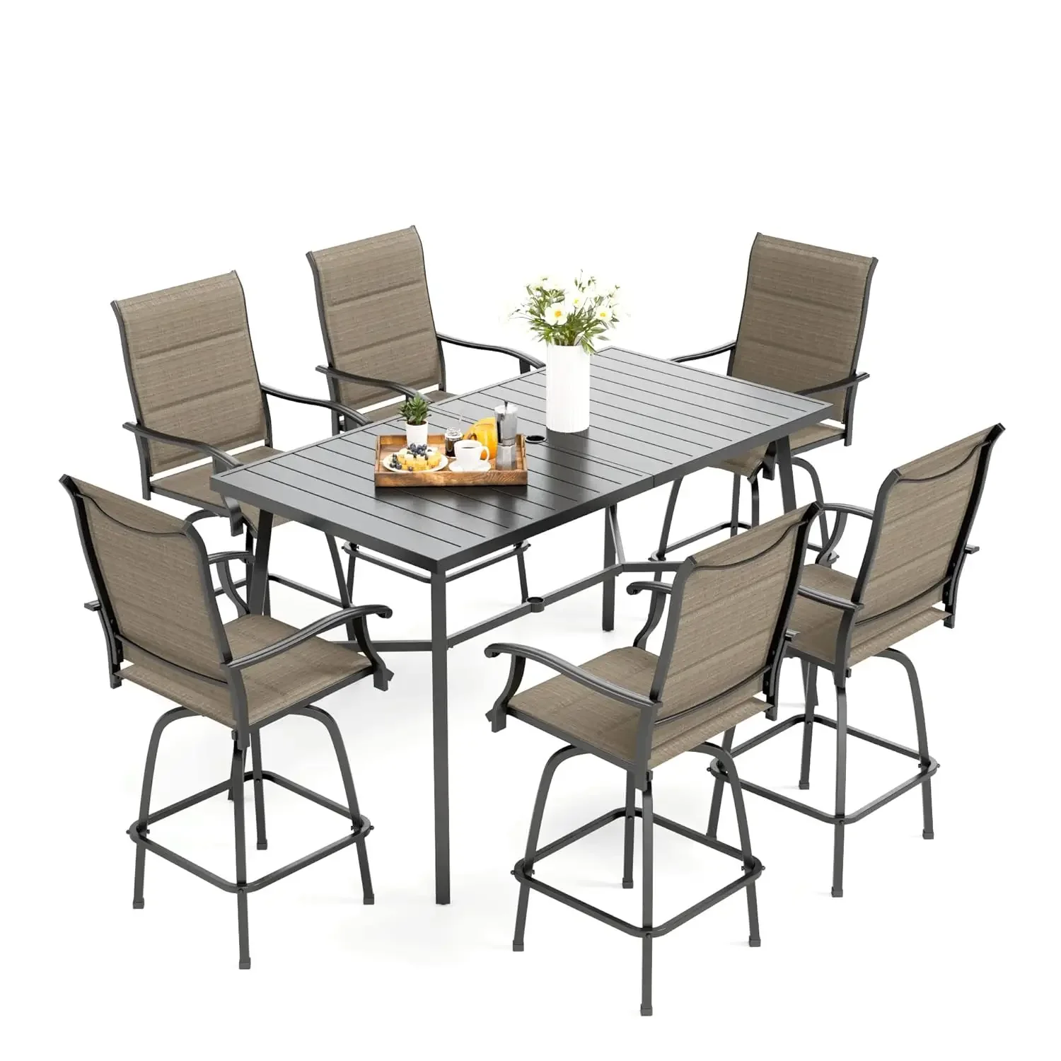 

Patio Bar Set of 7, Outdoor Bar Height Table and Chairs, 1 x Heavy Duty Metal Slat High Top Bar Table with 6 x, Customized