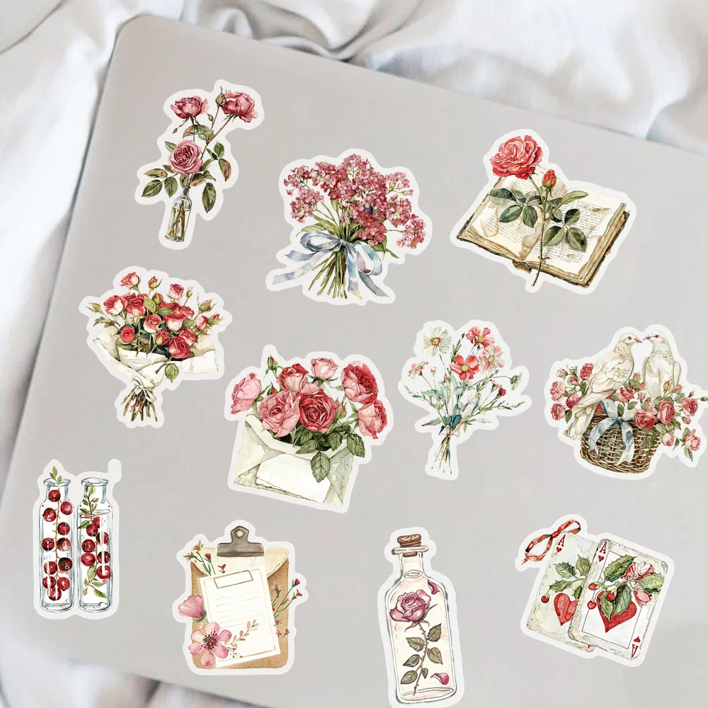 50PCS Small Fresh Flower Room Time Flower and Letter Flower Plant Plastic Stickers Bookkeeping Material Decorative Stickers