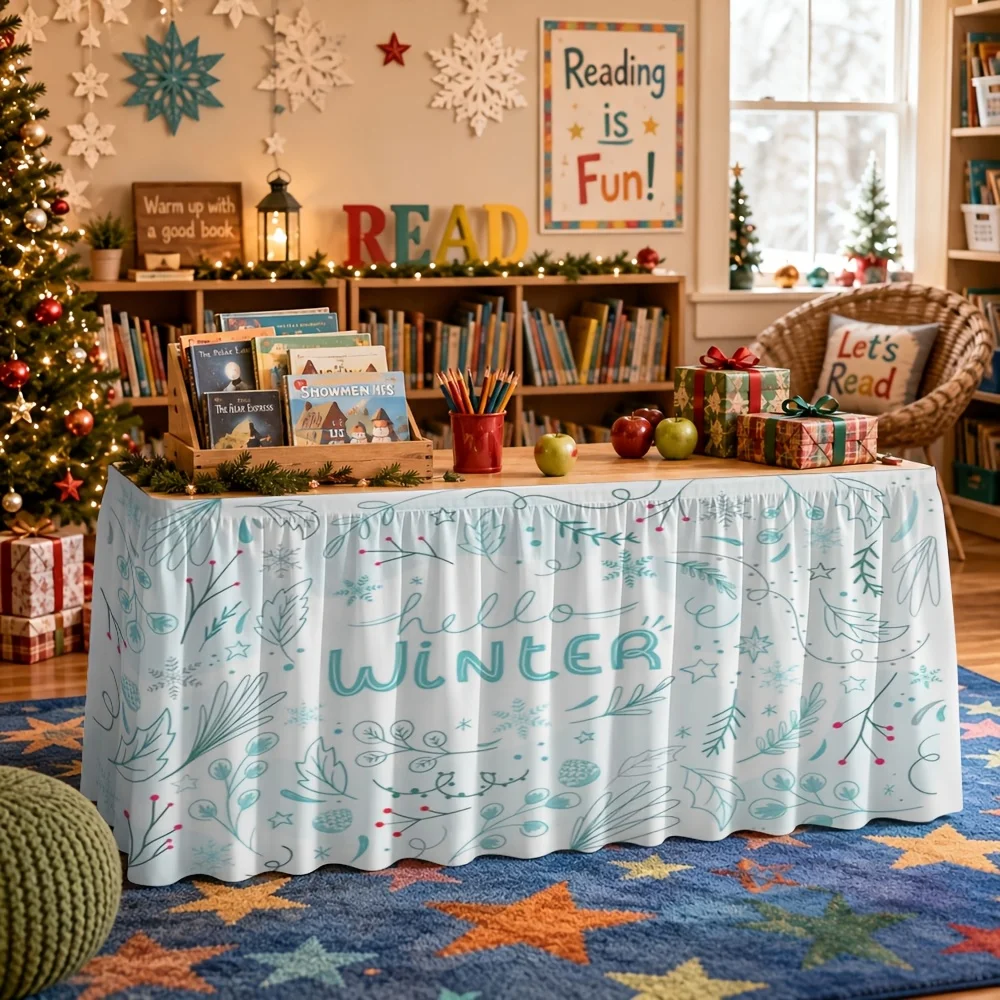 1 Christmas-themed Hello winter print tablecloth and table skirt for an indoor Christmas holiday pageant