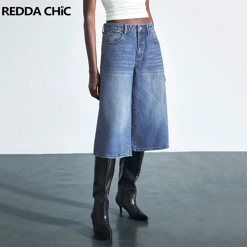 REDDACHiC Women's Wide Leg Jeans Jorts Skater Retro Do Old Solid Cleanfit Baggy Whiskers Bermuda Pants Summer Casual Streetwear