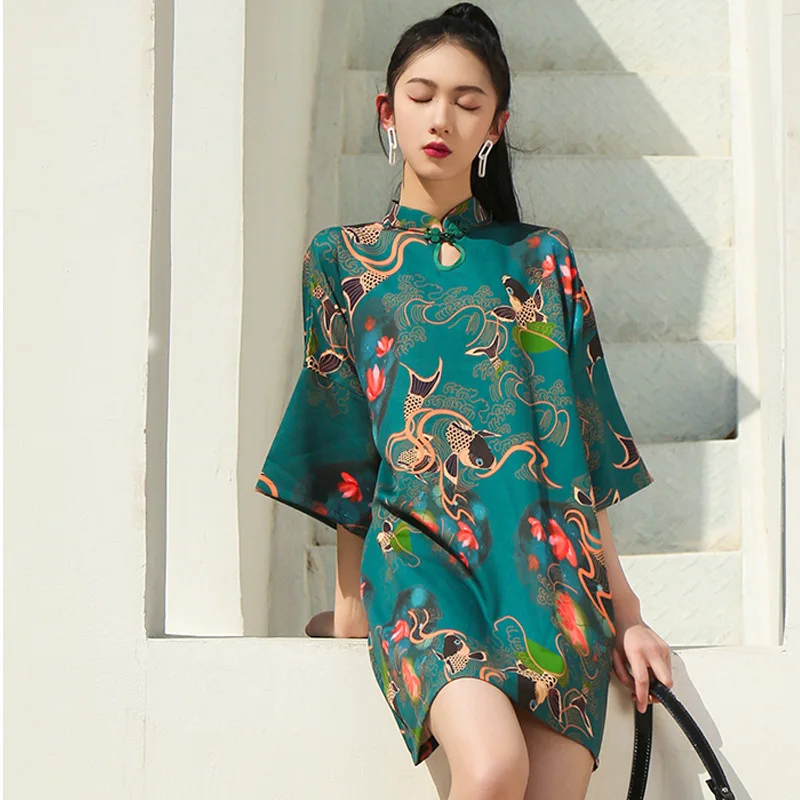 Solredo Traditional Chinese Women Cheongsam Long T-Shirt Dress Half Sleeve Printing Loose Qipao Elegant Oriental Short Costumes