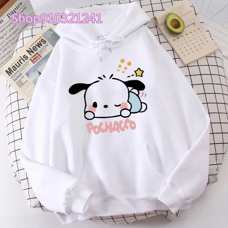 Autumn Pochacoo Print Hooded Women Pullovers Cartoon Casual White Loose Long Sleeve Oversized Hoodies Basics Women Sweatshirt