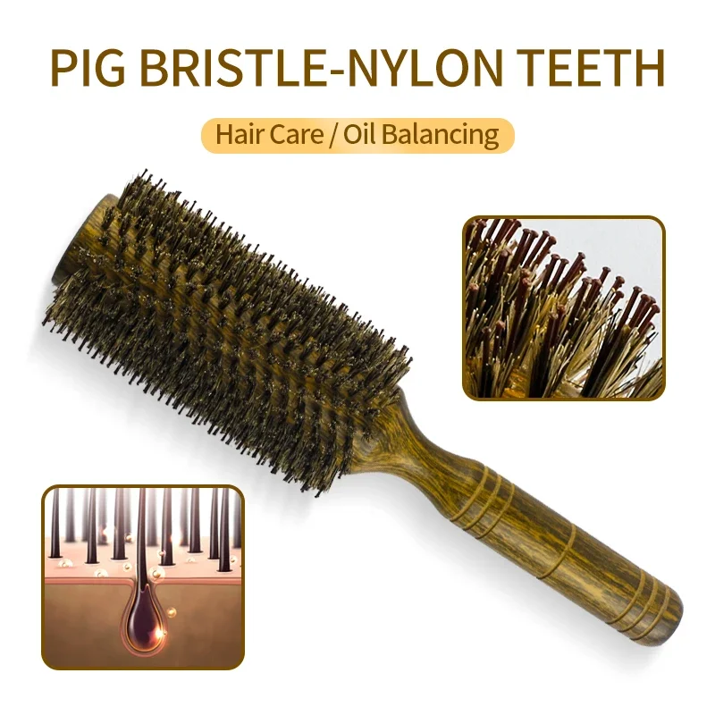 Professional Boar Bristle Round Hair Brush For Women Men Hair Styling Comb Hairdressing Wood Round Brush Barber Accessories