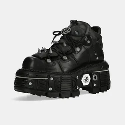 2026 New Punk Tank Bottom Women Shoes Rivet Black Genuine Leather Platform Lace Up Shoes Metal High-Top Wedges Thick-Soled Shoes