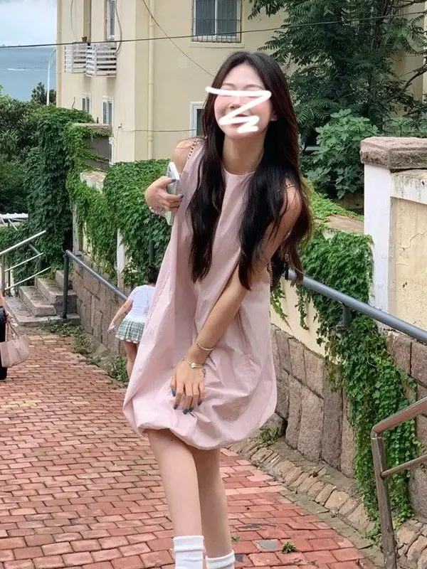 Pink Sleeveless Vest Dress Women Summer Beach Vacation Doll Bloom Short Skirt Loose Waist Elegant Style round Neck A-Line Dress