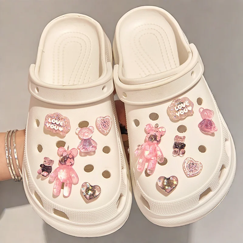 New trend Hole Shoe Charms per fai da te Glitter Love Bear decorazione fibbia per scarpe per accessori per ciondoli per scarpe sandali zoccoli regali per bambini