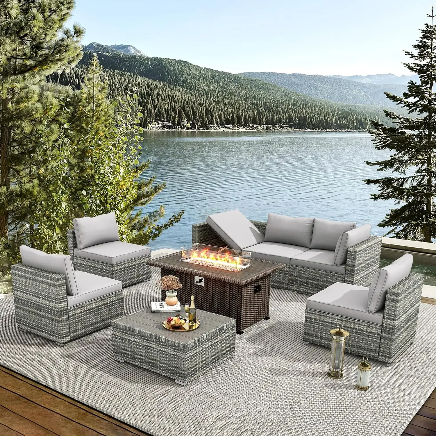 

7 Pieces Outdoor Patio Furniture Set with 50" Propane Fire Pit Table, PE Rattan Sectional Sofa Conversation