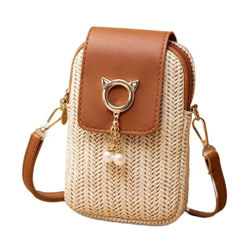 Bohemian Stroh-Mini-Handytasche mit brauner Kunstlederklappe und Perlenanhänger, kompakte Umhängetasche für den täglichen Sommergebrauch – Detail 8
