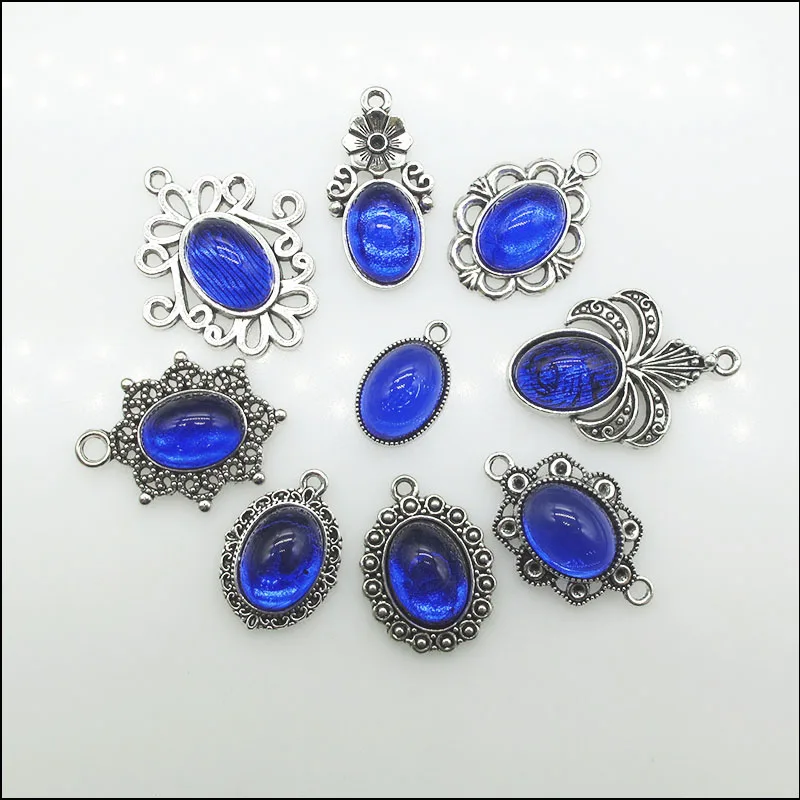 Retro Blue Glaze & Tibetan Silver Plated Flower Rose Oval Charms