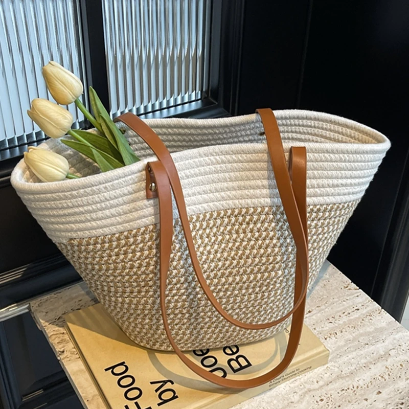 2024 New Summer Women Woven Beach Bag Large Capacity Cotton thread Handmade Fashion Shoulder Bag Bohemian Casual Woven Basket