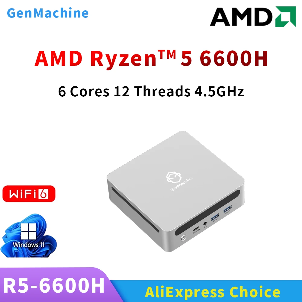 Genmachine AMD Ryzen 5 6600H MINI PC 6 Core 12 Thread,3.3GHz Up to 4.5GHz 45W Windows 11 LPDDR5 16G 6400Mhz WIFI6 BT5.2 pc game