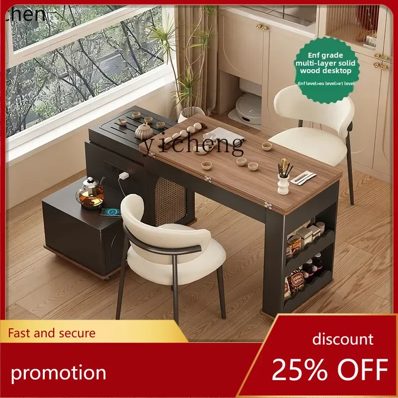 

HXL solid wood foldable high-end tea table, kettle integrated black rock slab mobile tea table
